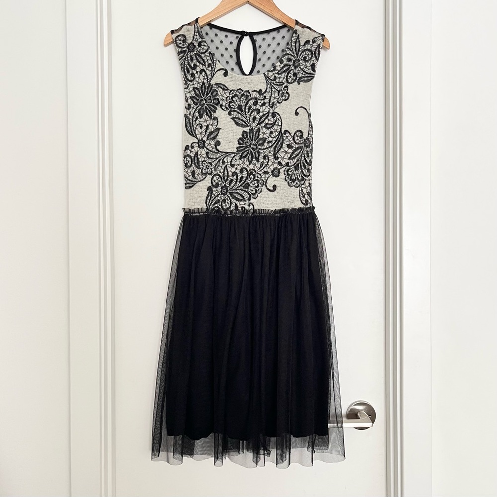 Weston Wear Sweater Knit Lace Tulle Dress XS Gray Black Elegant Ballerina Sweet